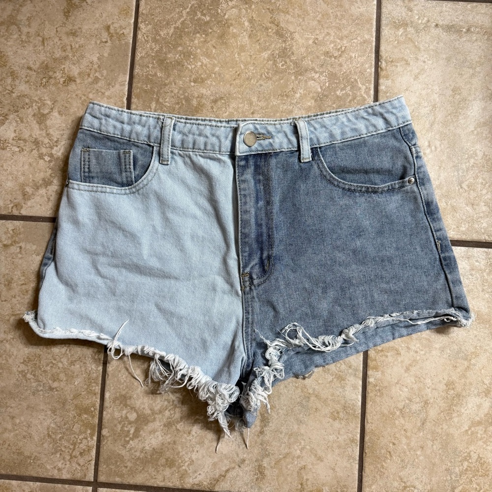 SHEIN Two-Tone Jean Shorts in Light and Dark Blue